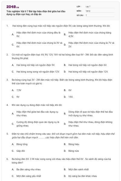 Trắc nghiệm Vật lí 7 Bài tập hiệu điện thế giữa hai đầu dụng cụ điện cực hay, có đáp án