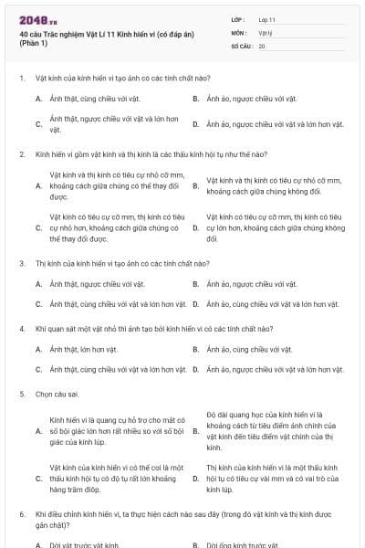 40 câu Trắc nghiệm Vật Lí 11 Kính hiển vi (có đáp án) (Phần 1)