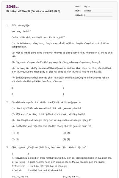Đề thi học kì 2 Sinh 12 (Bài kiểm tra cuối kì) (Đề 6)