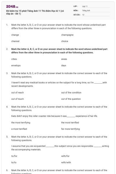 Đề kiểm tra 15 phút Tiếng Anh 11 Thí điểm Học kì 1 (có đáp án - Đề 1)