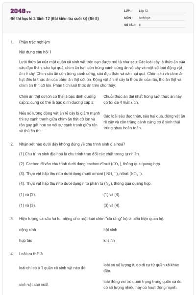 Đề thi học kì 2 Sinh 12 (Bài kiểm tra cuối kì) (Đề 8)