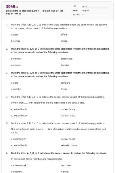 Đề kiểm tra 15 phút Tiếng Anh 11 Thí điểm Học kì 1 (có đáp án - Đề 2)