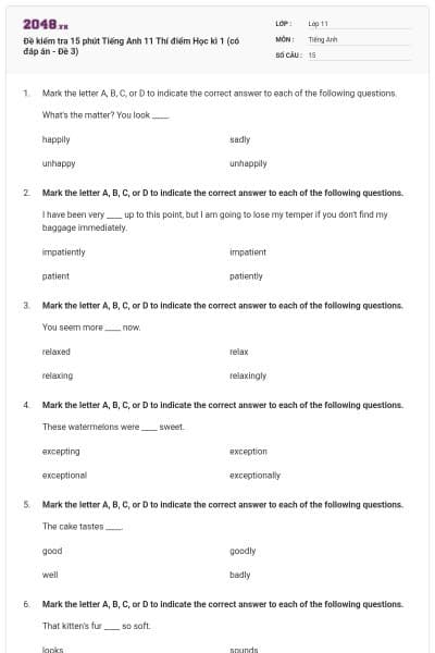 Đề kiểm tra 15 phút Tiếng Anh 11 Thí điểm Học kì 1 (có đáp án - Đề 3)