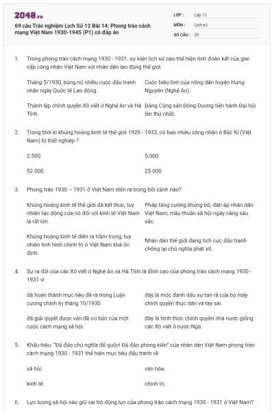 69 câu Trắc nghiệm Lịch Sử 12 Bài 14: Phong trào cách mạng Việt Nam 1930-1945 (P1) có đáp án