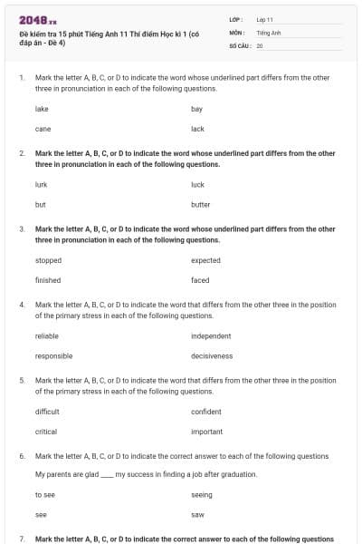 Đề kiểm tra 15 phút Tiếng Anh 11 Thí điểm Học kì 1 (có đáp án - Đề 4)