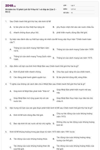 Đề kiểm tra 15 phút Lịch Sử 9 Học kì 1 có đáp án (Lần 2 - Đề 2)