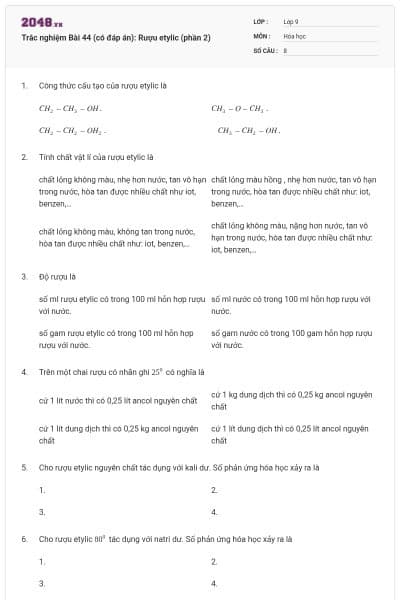 Trắc nghiệm Bài 44 (có đáp án): Rượu etylic (phần 2)