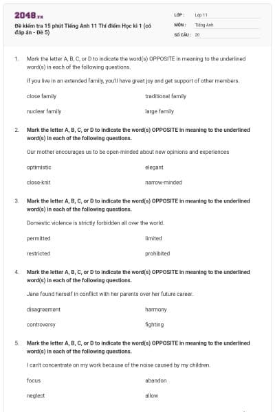 Đề kiểm tra 15 phút Tiếng Anh 11 Thí điểm Học kì 1 (có đáp án - Đề 5)