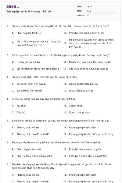 Trắc nghiệm Địa Lí 10 Chương 1: Bản đồ