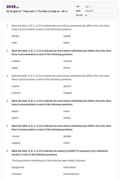 Đề thi giữa kì 1 Tiếng Anh 11 Thí điểm (có đáp án - Đề 1)