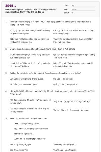 69 câu Trắc nghiệm Lịch Sử 12 Bài 14: Phong trào cách mạng Việt Nam 1930-1945 (P2) có đáp án