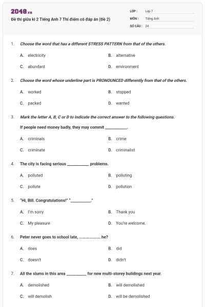 Đề thi giữa kì 2 Tiếng Anh 7 Thí điểm có đáp án (Đề 2)