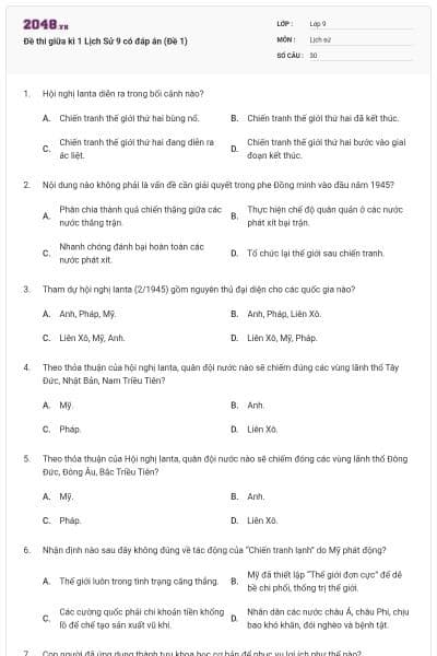 Đề thi giữa kì 1 Lịch Sử 9 có đáp án (Đề 1)