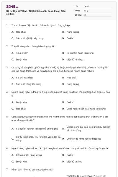 Đề thi Học kì 2 Địa Lí 10 (Đề 3) (có đáp án và thang điểm chi tiết)