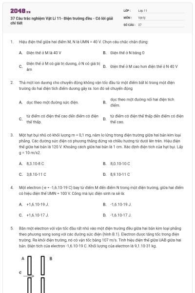 37 Câu trắc nghiệm Vật Lí 11- Điện trường đều - Có lời giải chi tiết
