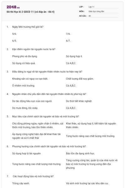 Đề thi Học kì 2 GDCD 11 (có đáp án - Đề 4)