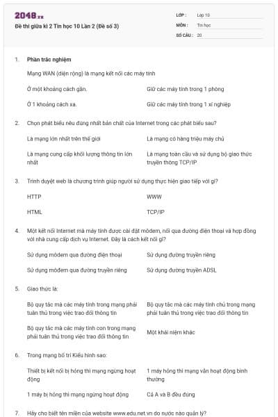Đề thi giữa kì 2 Tin học 10 Lần 2 (Đề số 3)