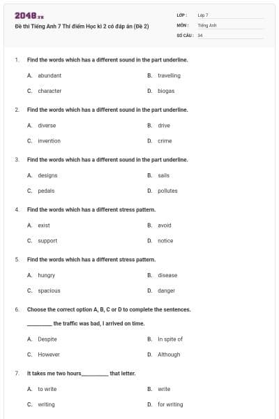 Đề thi Tiếng Anh 7 Thí điểm Học kì 2 có đáp án (Đề 2)