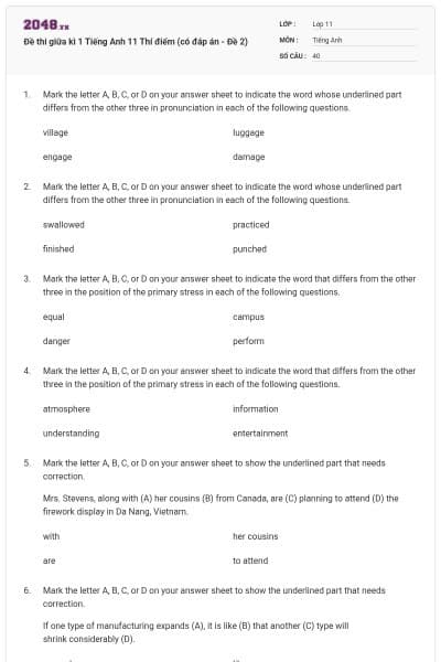 Đề thi giữa kì 1 Tiếng Anh 11 Thí điểm (có đáp án - Đề 2)