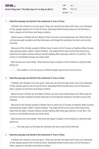 Đề thi Tiếng Anh 7 Thí điểm Học kì 2 có đáp án (Đề 3)