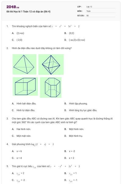 Đề thi Học kì 1 Toán 12 có đáp án (Đề 4)