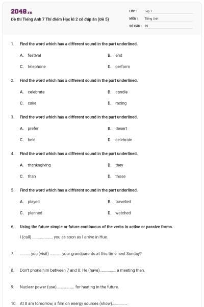 Đề thi Tiếng Anh 7 Thí điểm Học kì 2 có đáp án (Đề 5)
