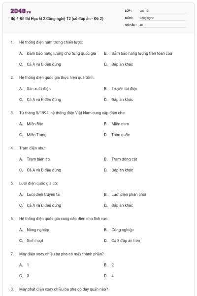 Bộ 4 Đề thi Học kì 2 Công nghệ 12 (có đáp án - Đề 2)