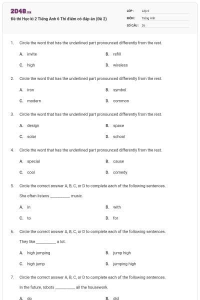 Đề thi Học kì 2 Tiếng Anh 6 Thí điểm có đáp án (Đề 2)