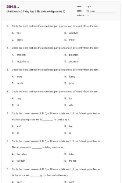 Đề thi Học kì 2 Tiếng Anh 6 Thí điểm có đáp án (Đề 3)