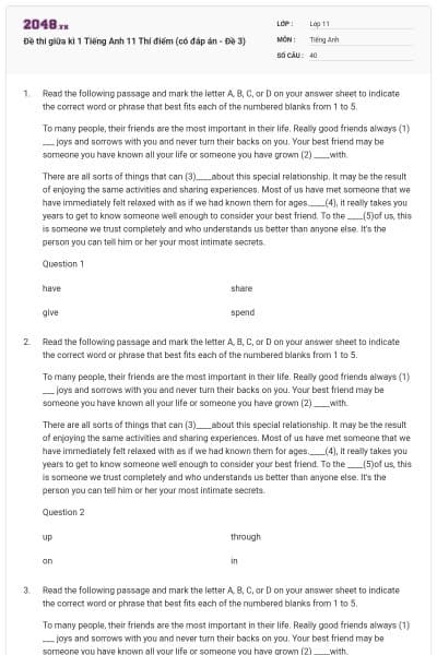 Đề thi giữa kì 1 Tiếng Anh 11 Thí điểm (có đáp án - Đề 3)