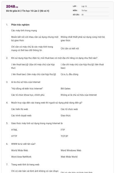 Đề thi giữa kì 2 Tin học 10 Lần 2 (Đề số 4)