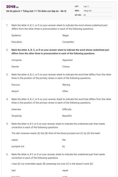 Đề thi giữa kì 1 Tiếng Anh 11 Thí điểm (có đáp án - Đề 4)