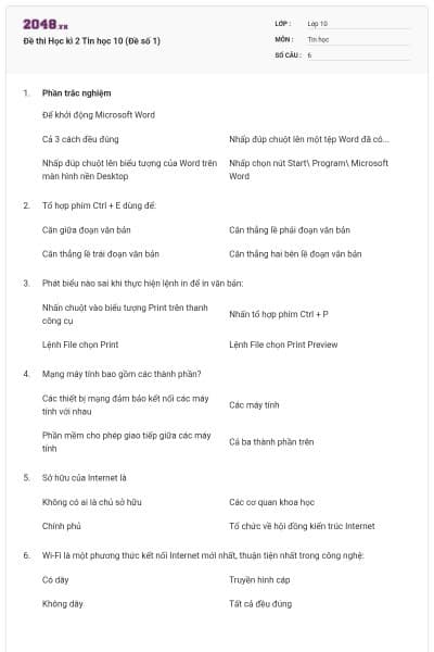 Đề thi Học kì 2 Tin học 10 (Đề số 1)