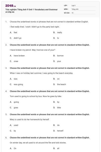 Trắc nghiệm Tiếng Anh 9 Unit 1 Vocabulary and Grammar có đáp án