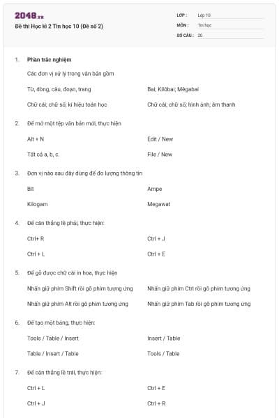 Đề thi Học kì 2 Tin học 10 (Đề số 2)