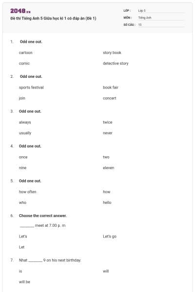 Đề thi Tiếng Anh 5 Giữa học kì 1 có đáp án (Đề 1)