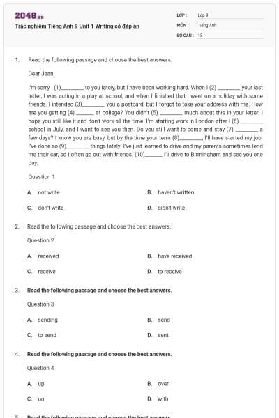 Trắc nghiệm Tiếng Anh 9 Unit 1 Writing có đáp án