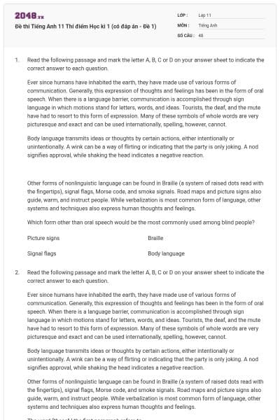 Đề thi Tiếng Anh 11 Thí điểm Học kì 1 (có đáp án - Đề 1)