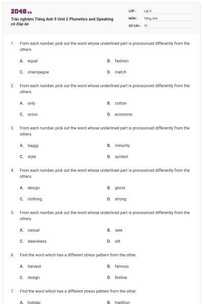 Trắc nghiệm Tiếng Anh 9 Unit 2 Phonetics and Speaking có đáp án
