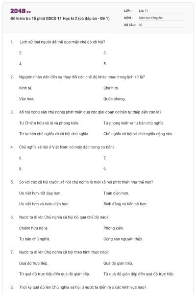 Đề kiểm tra 15 phút GDCD 11 Học kì 2 (có đáp án - Đề 1)