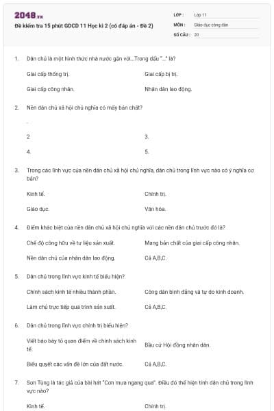 Đề kiểm tra 15 phút GDCD 11 Học kì 2 (có đáp án - Đề 2)