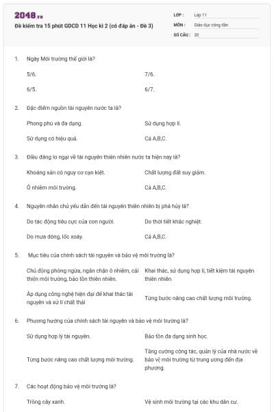 Đề kiểm tra 15 phút GDCD 11 Học kì 2 (có đáp án - Đề 3)
