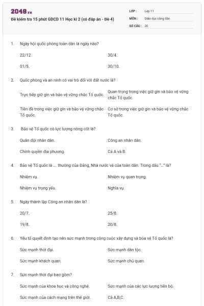 Đề kiểm tra 15 phút GDCD 11 Học kì 2 (có đáp án - Đề 4)