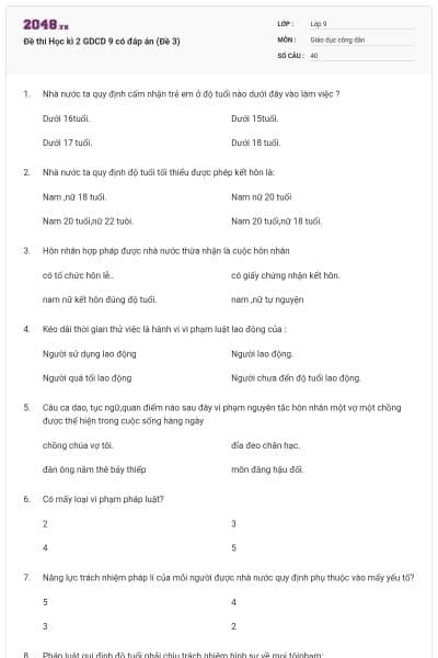Đề thi Học kì 2 GDCD 9 có đáp án (Đề 3)