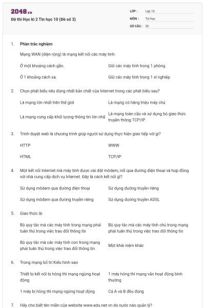 Đề thi Học kì 2 Tin học 10 (Đề số 3)