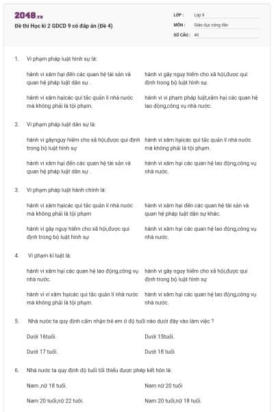 Đề thi Học kì 2 GDCD 9 có đáp án (Đề 4)