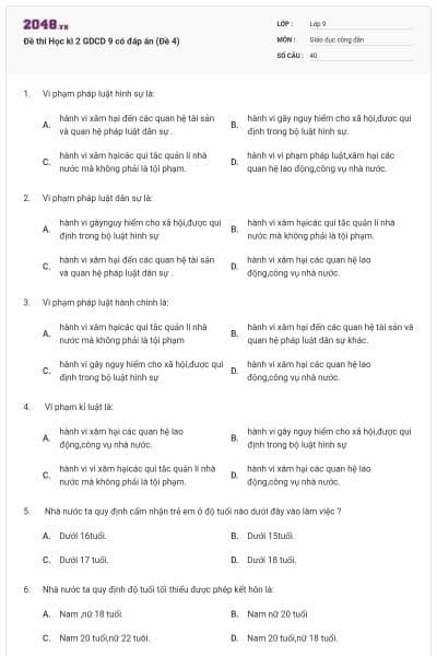 Đề thi Học kì 2 GDCD 9 có đáp án (Đề 4)