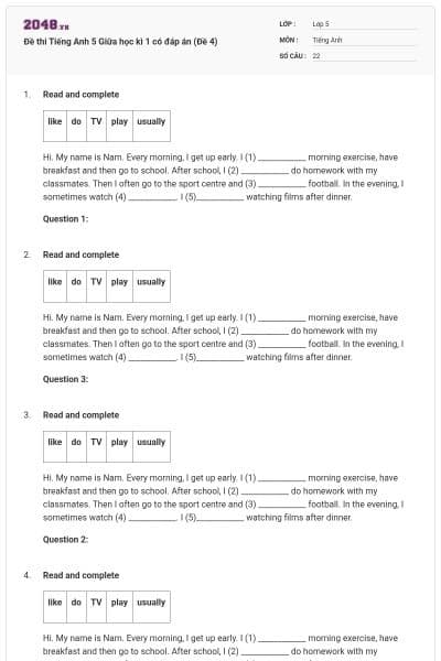 Đề thi Tiếng Anh 5 Giữa học kì 1 có đáp án (Đề 4)