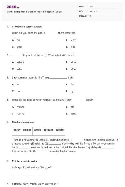 Đề thi Tiếng Anh 5 Cuối học kì 1 có đáp án (Đề 2)