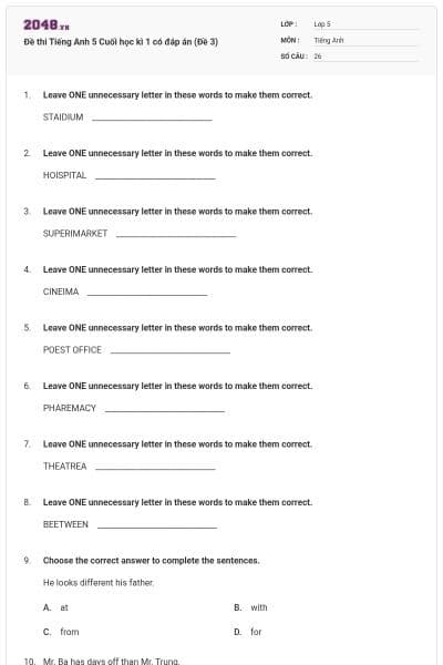 Đề thi Tiếng Anh 5 Cuối học kì 1 có đáp án (Đề 3)